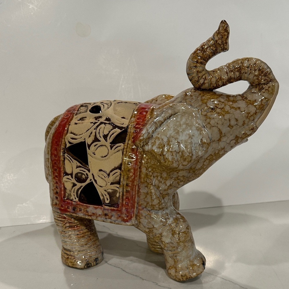 Apropos Home Collection Glazed Ceramic Elephant Gold, Red, Brown and Tan Details